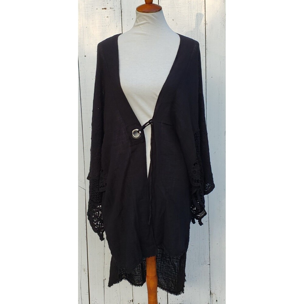 XCVI Womens Black Relaxed Long 100% Cotton 3/4 Sleeve Cardigan Sz L